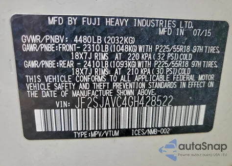 2016 Subaru Forester 2.5I Touring z USA, uszkodzony, nr VIN JF2SJAVC4GH428522